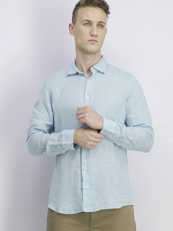 Mens Long-Sleeve Linen Shirt Teal Combo