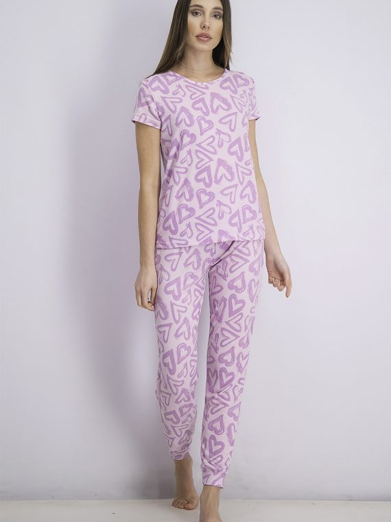 Womens 2 Pieces Heart Print Top & Pajama Set Lavender