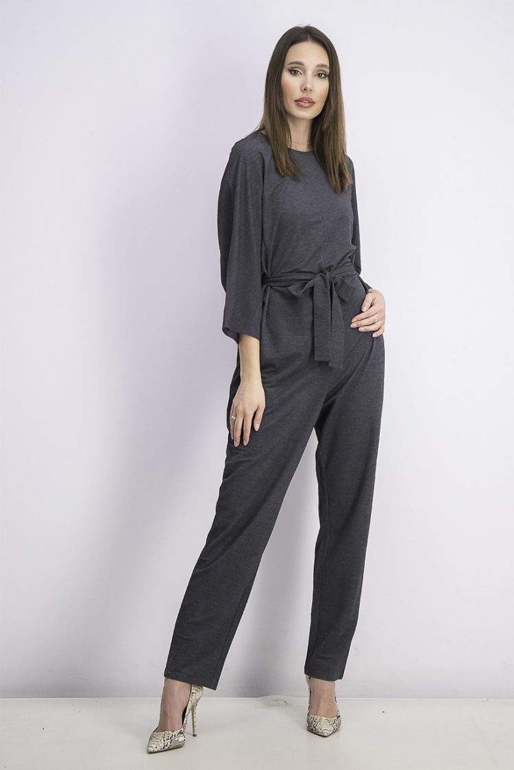 Womens Belted Full-Length Jumpsuit Grey