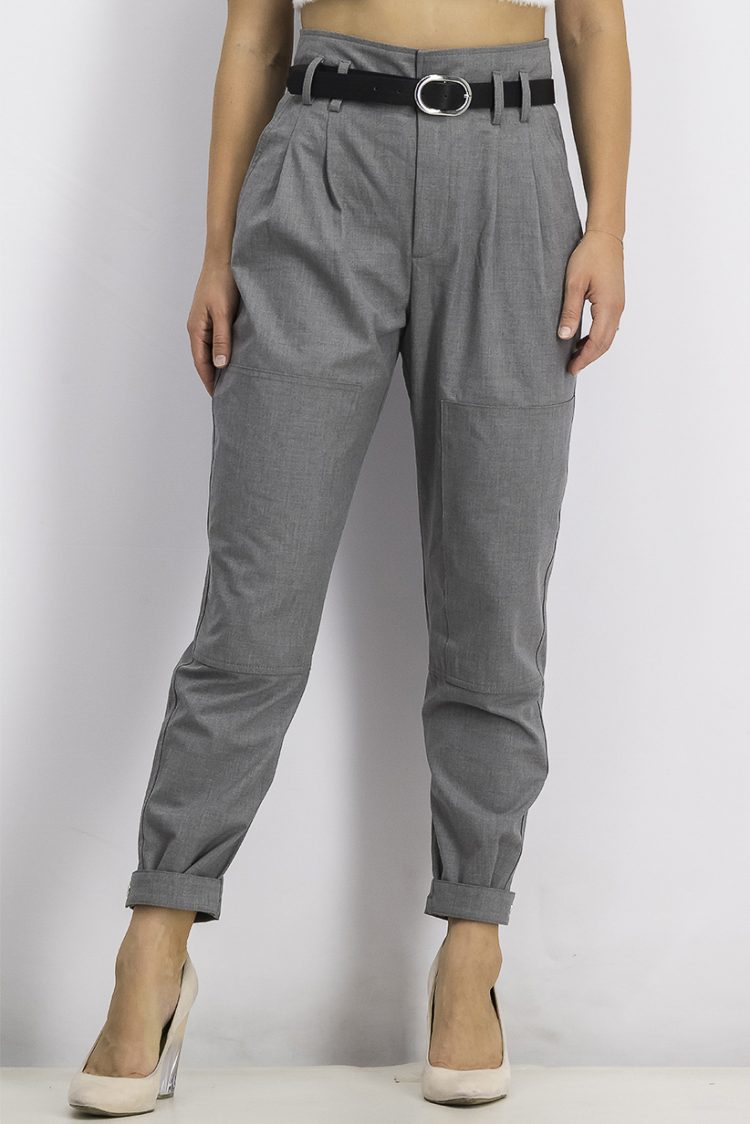 Womens Belted Plain Pants Grey