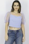 Womens Crop Top With Organza Puff Sleeve Blue