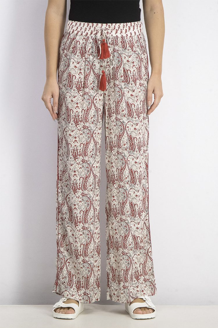 Womens Drawstring Printed Trousers Red/White