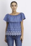 Womens Eyelet Off Shoulder Blouse Chambray Blue
