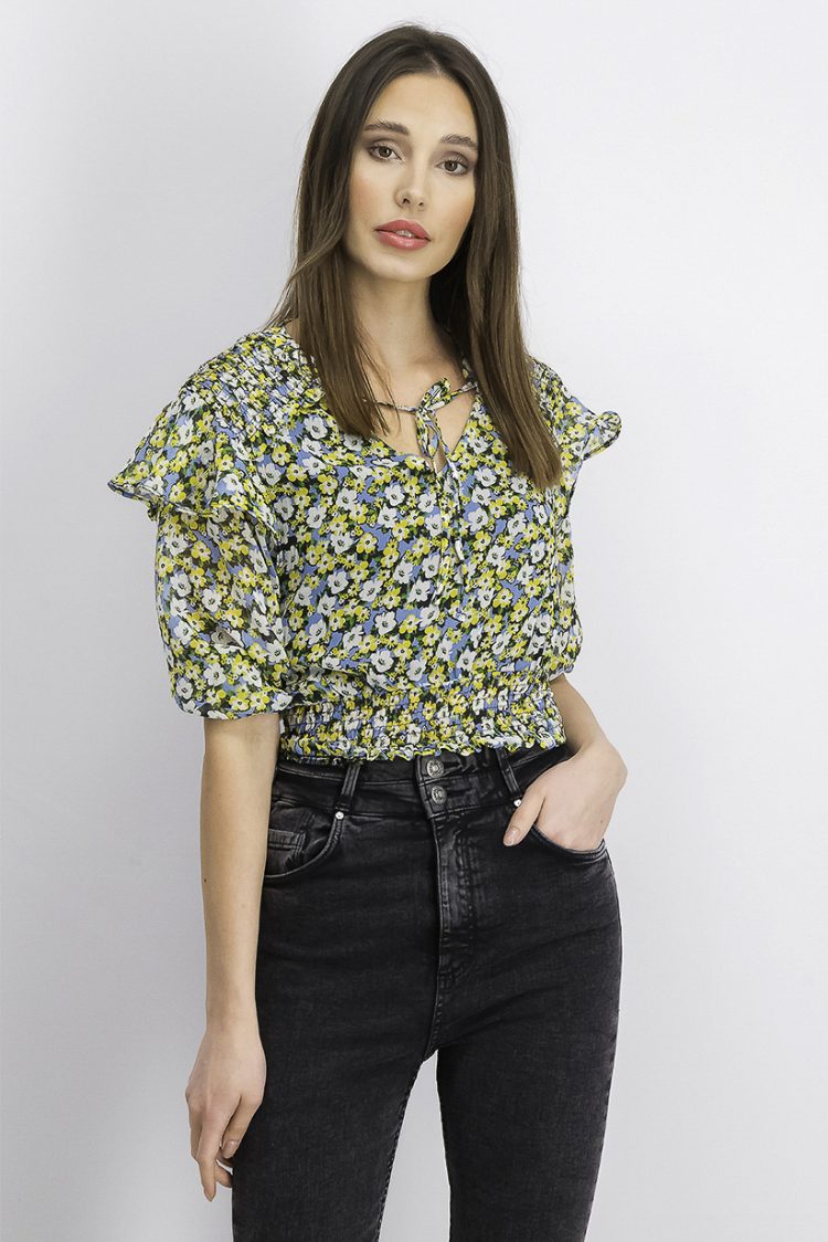 Womens Floral Ruffle Top Blue/Yellow