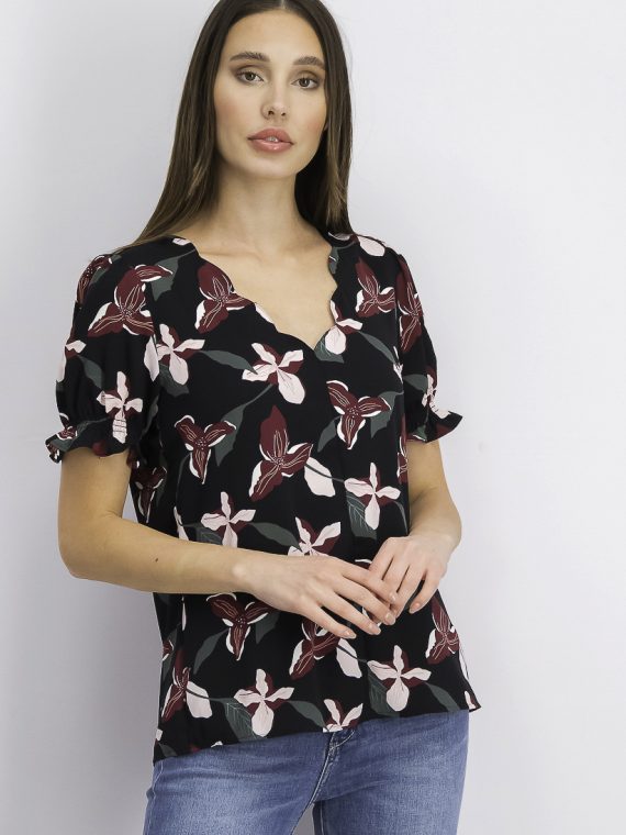 Womens Floral V-Neck Top Black/Green Combo
