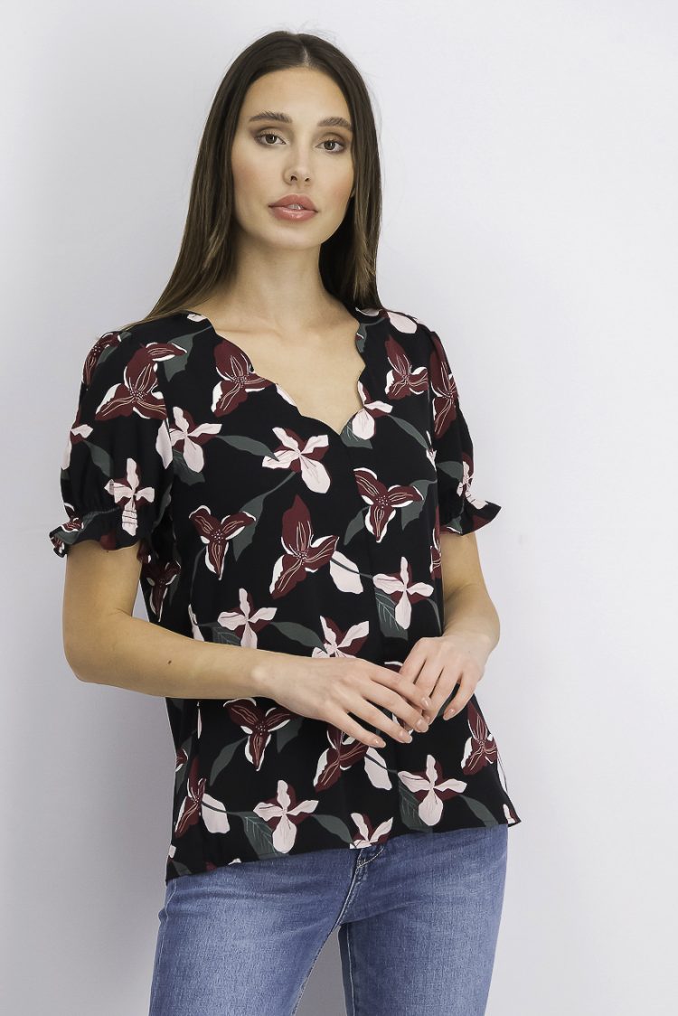 Womens Floral V-Neck Top Black/Green Combo
