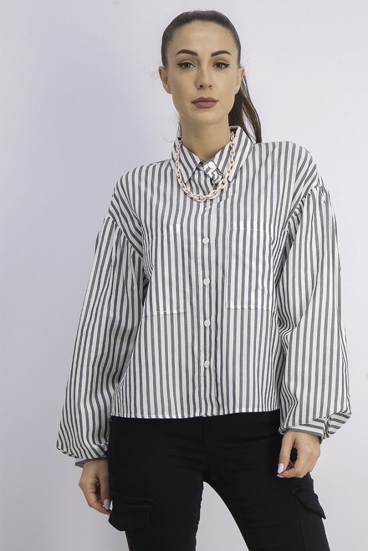 Womens Long Sleeves Striped Pocket Top White/Black