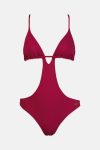 Womens Low Back One Piece Light Padded Non-wire Swimsuit Burgundy