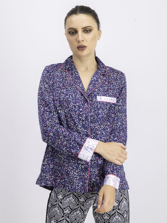 Womens Notch-Collar Printed Pajama Top Navy Combo