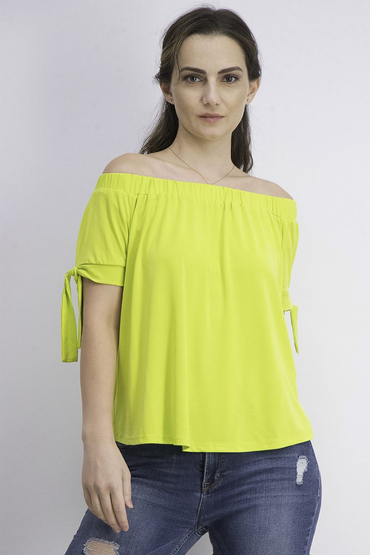 Womens Off Shoulder Tie Sleeve Blouse Lime Green