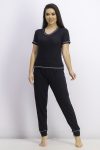 Womens Short-sleeve Top Drawstring Pajama Set Black/Navy