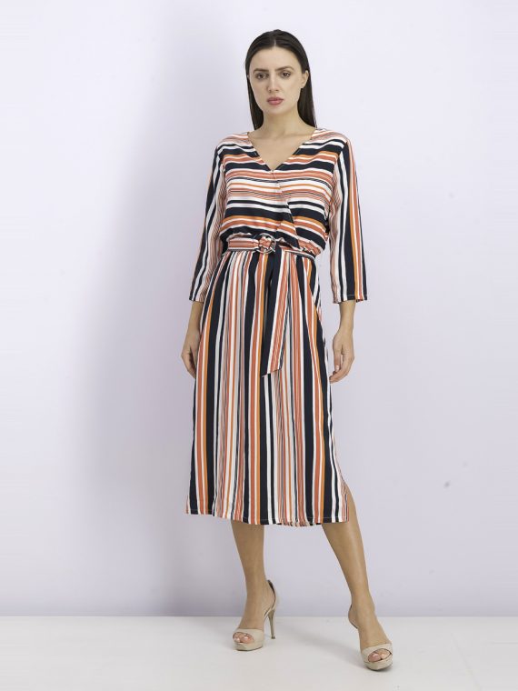 Womens Stripe Midi Dress Ivory/Black/Orange