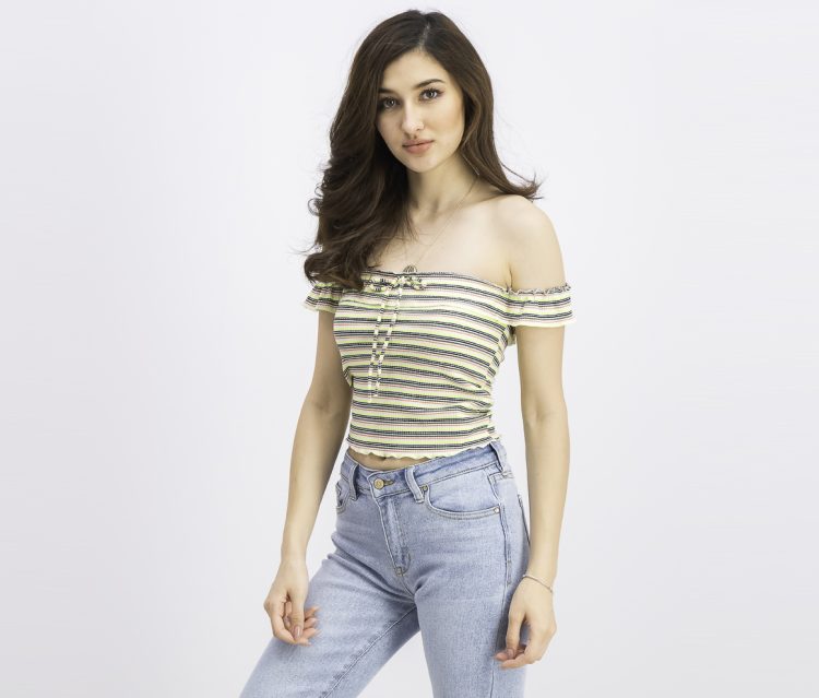 Womens Striped Cropped Top Green/Ivory/Black