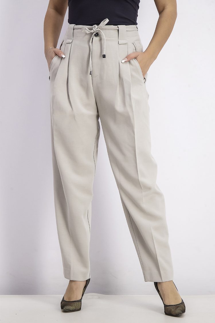 Womens Tie Waist Pleated Pants Light Grey