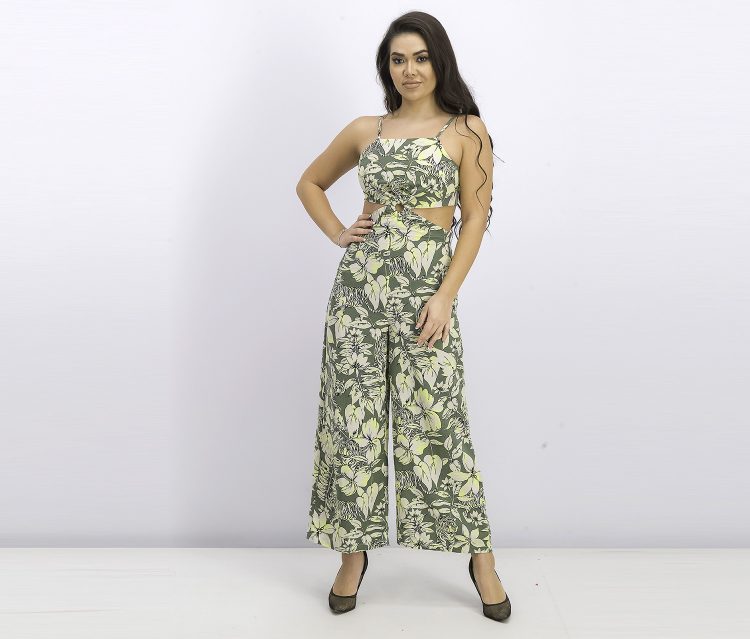 Womens Tropical Print Jumpsuit Green Combo